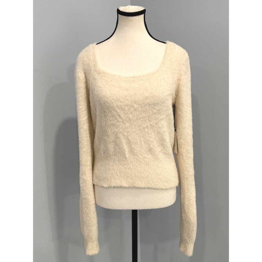 NWT ASTR The Label Large Cream Fuzzy Eyelash Knit Square Neck Sweater Coquette